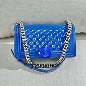 CHANEL Blue Patent Leather Le Boy Flap Bag SHW